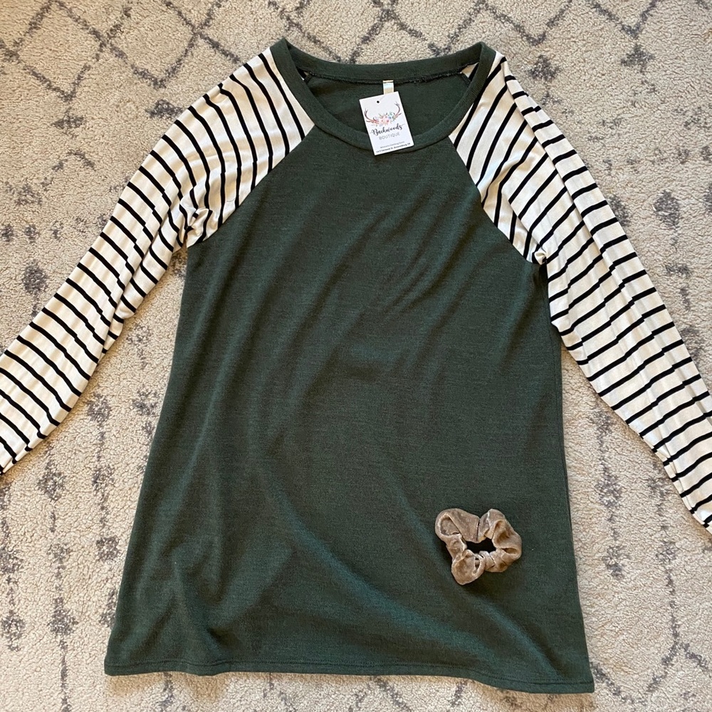 Boutique Olive Green Striped Top